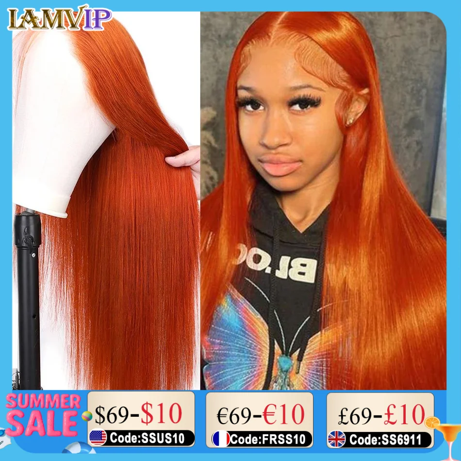 

30 40 inch Remy 200 Density Transparent 13x4/13x6 HD Lace Frontal Wig Straight Lace Front Wigs Human Hair Ginger Orange Glueless