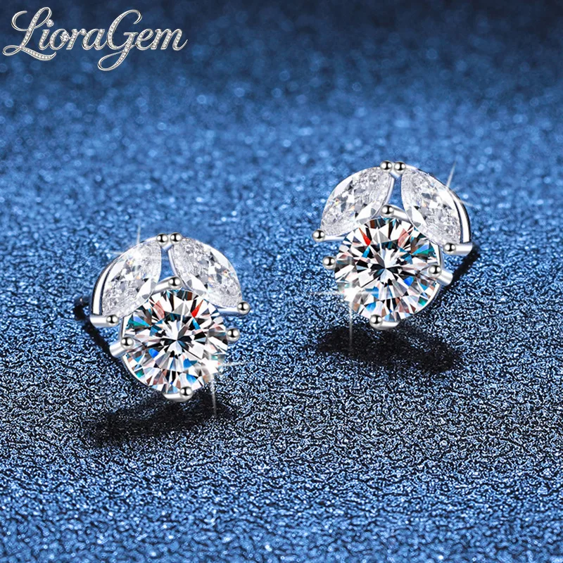 LioraGem Womens Leaf-shaped Flower Four-prong Moissanite Stud Earrings, D Color 1-carat Moissanite Studs Platinum PT950 Stamp