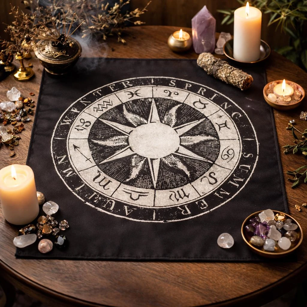 Zodiac Wheel Tarot Altar Cloth, Astrology Divination Mat, Witchcraft Seasonal Tablecloth, Flat Print