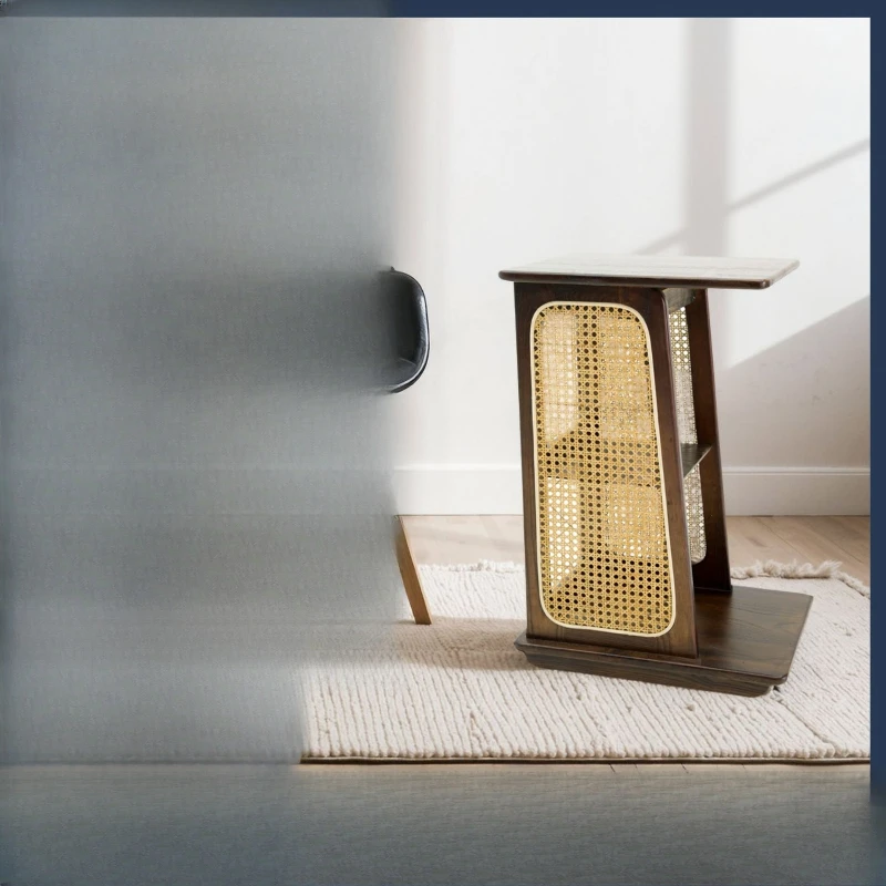 Rak samping tempat tidur sofa, meja samping tempat tidur kamar tidur dari kayu solid anyaman, portabel