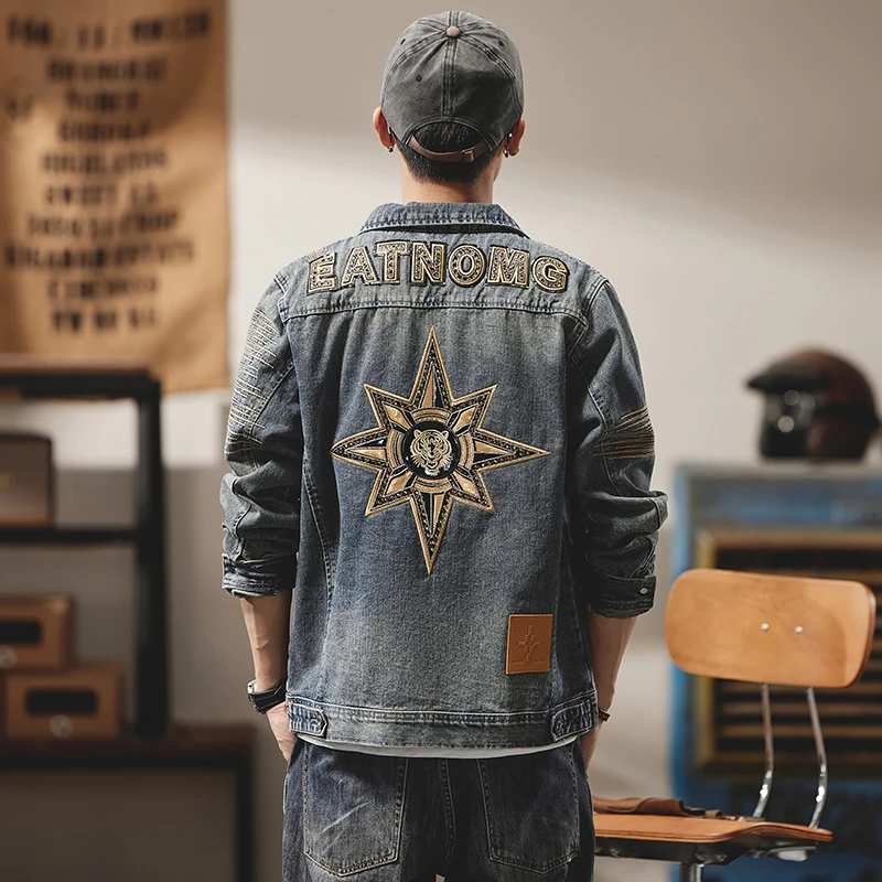 

New retro denim jacket men light luxury washed street motorcycle pentagram sticker embroidery fashionable versatile youth top