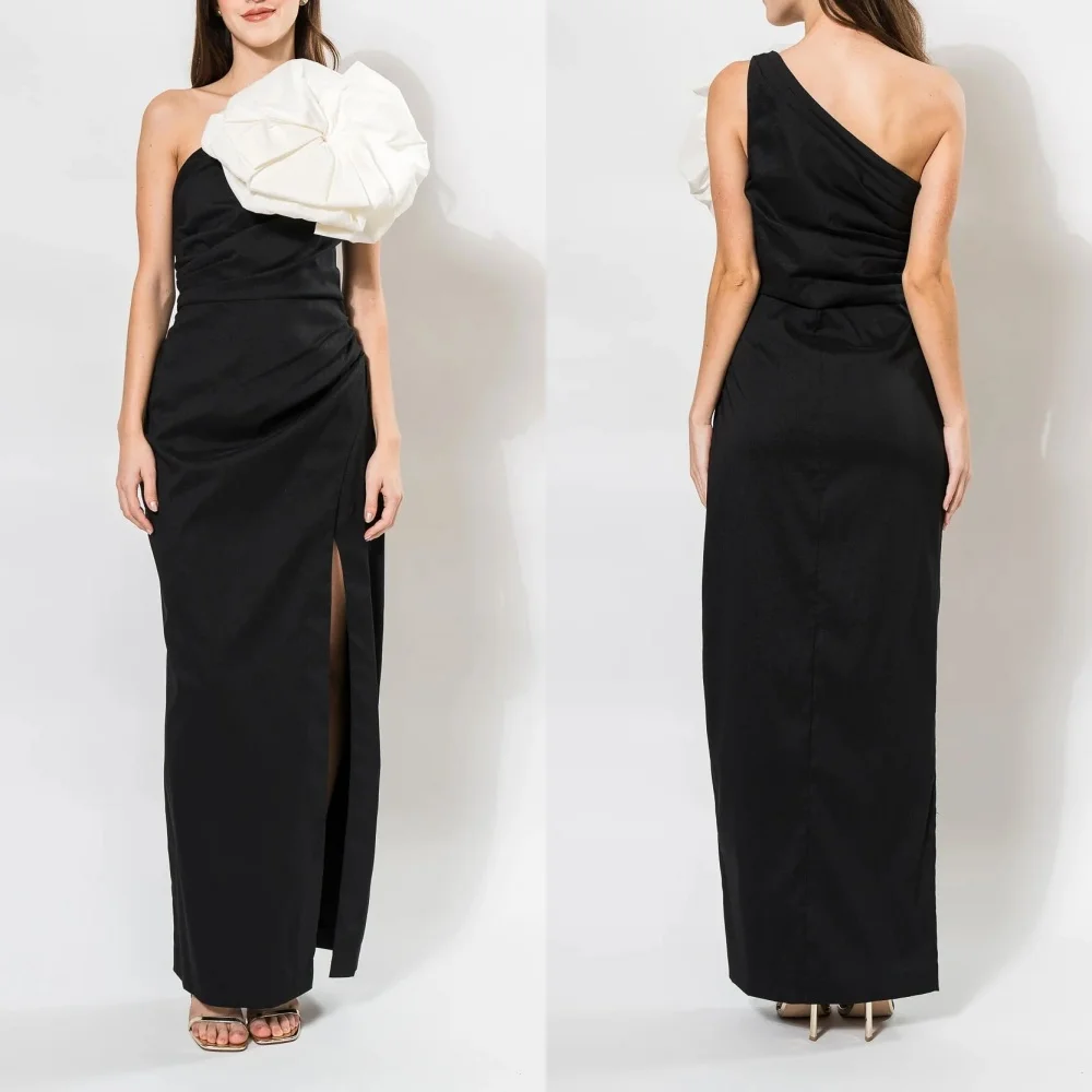 

Customized Charmeuse Handmade Flower Straight One-shoulder Midi Dresses Bespoke Occasion Simple Elegant