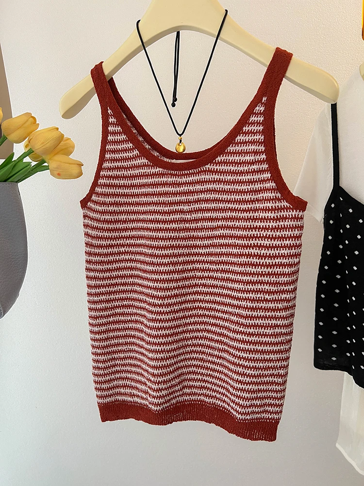 Summer Vintage Striped Knitted Tank Top Women Round Neck Sleeveless Slim Camisole Casual Versatile Vest