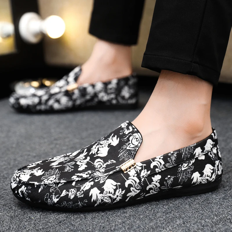 Trendy Black Casual Shoes For Men Flat Shoes Big Size 46 Fashion Print Men's Loafers Comfortable Slip on Shoes Man Office Shoes