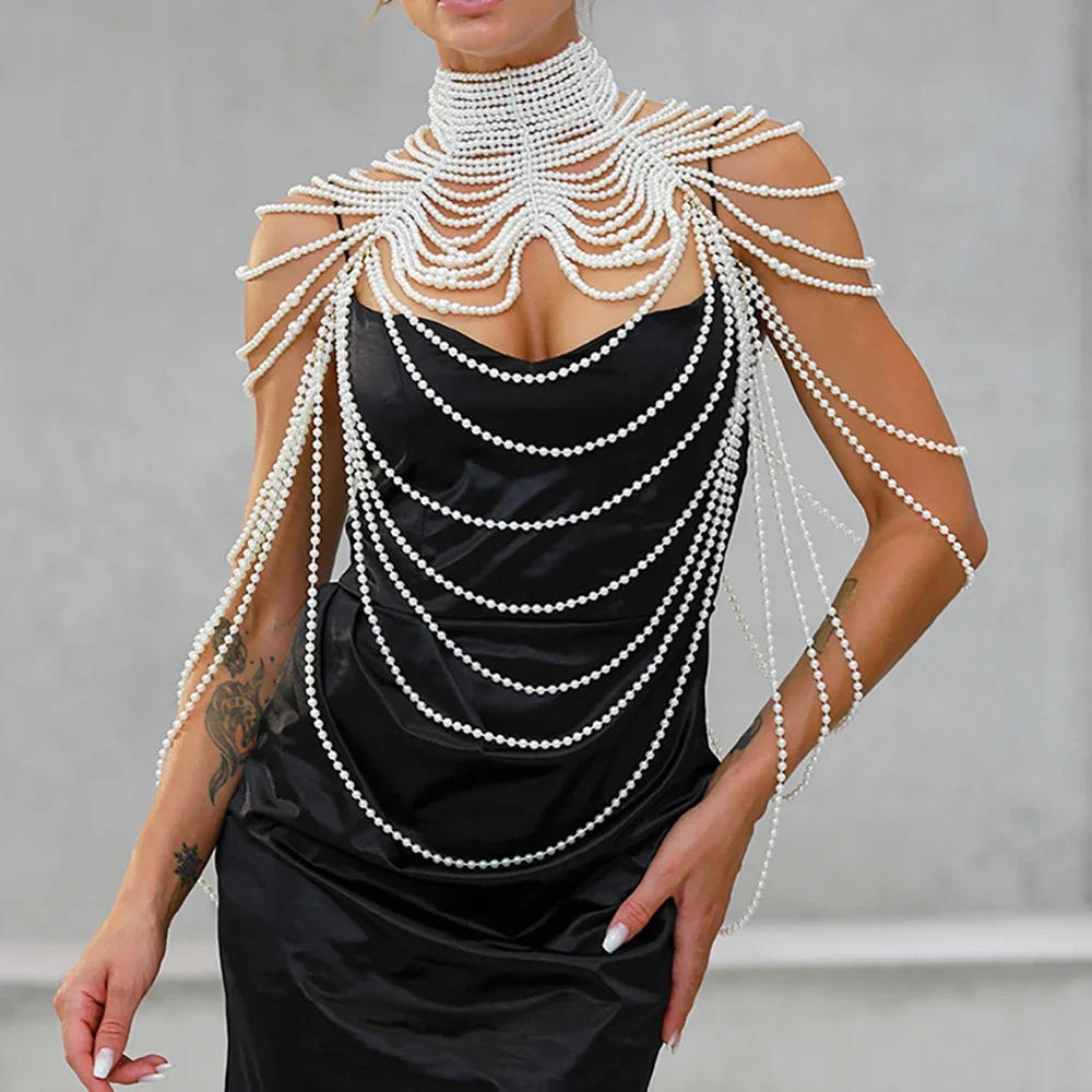 

2025 Women Pearl Shawl Necklaces Body Chain Sexy Beaded Collar Pearl Bra Top Sweater Chain Wedding Dress Beading Body Jewelry