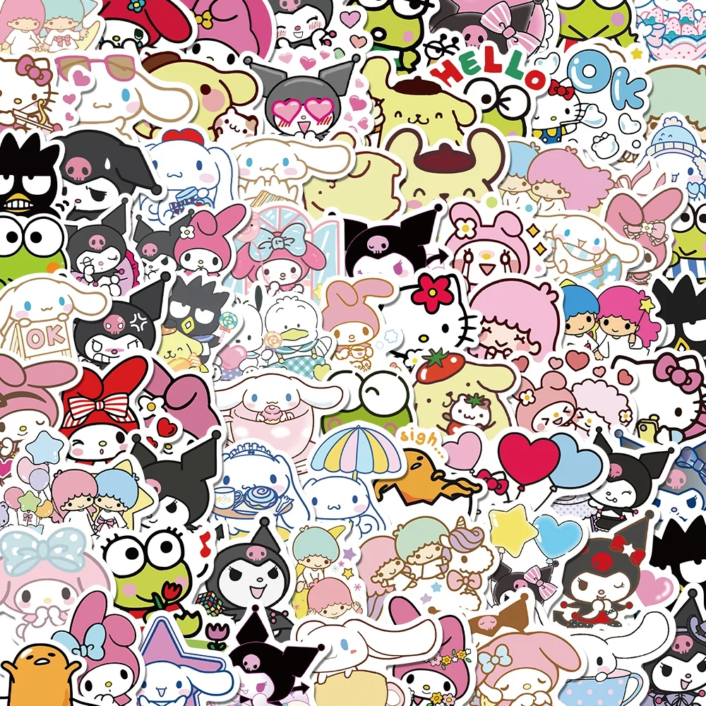 50/100pcs Mixed Cartoon Sanrio Stickers Cute Hello Kitty Cinnamoroll Kuromi My Melody Waterproof Sticker Decals for Kids Toys