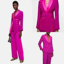 Conjuntos de trajes de costura de Color para mujer, Blazer con cinturón y pantalones, vestido de noche de graduación de doble botonadura, moda de diseñador, hecho a medida, 2023