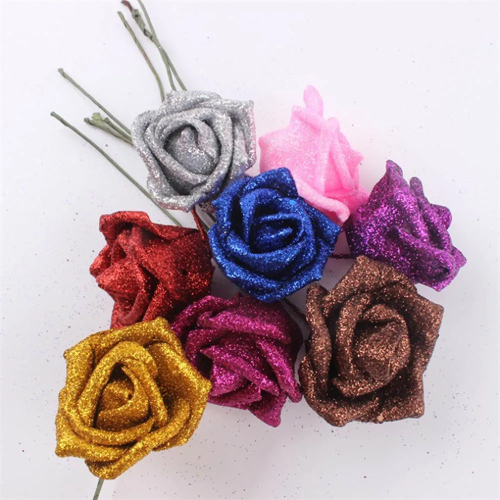 1Pcs Glitter Rose Flowers Red Pink Gold Artificial Rose Foam Flower Wedding Bride Bouquet Party Decorations Home Fake Flower