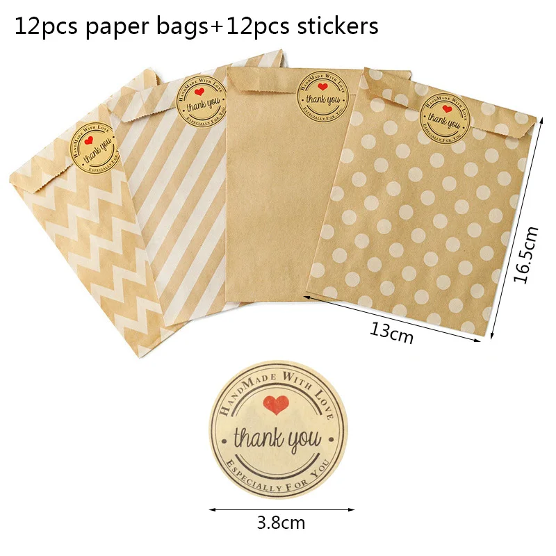 12pcs Kraft Paper Bags with Stickers Thank You Merci Cookie Gift Packaging Bags Wedding Birthday Party Favors Packing Supplies