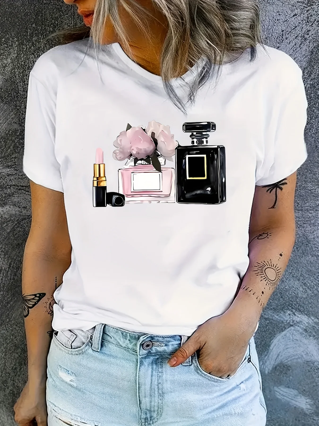 With Geometric Floral Design Medium Stretch Summer Fall Versatile Women's Perfume & Lipstick Graphic Casual Sleeve Round