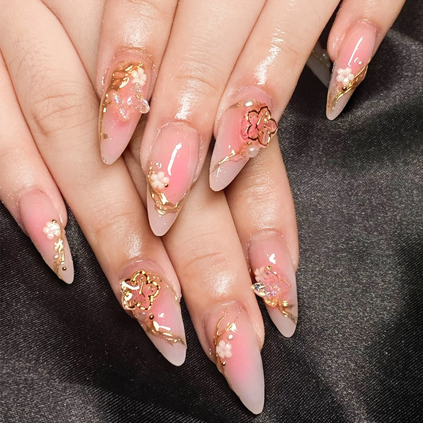 

24Pcs Almond Fake Nails Blush Pink Ballerina Press On Nails Flower Butterfly Designs Full Cover Wearable False Nails Patches