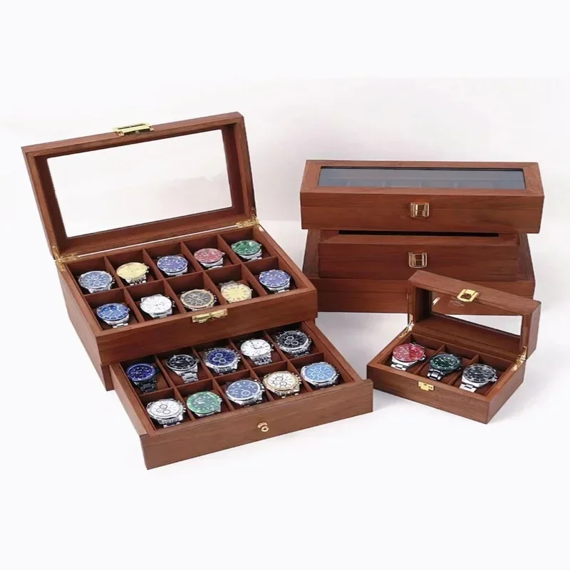 Cherry Wood Jewelry Organizer, 20 Slots Display Case with Drawers, Transparent Top Lid, Watch Storage Box, Elegant