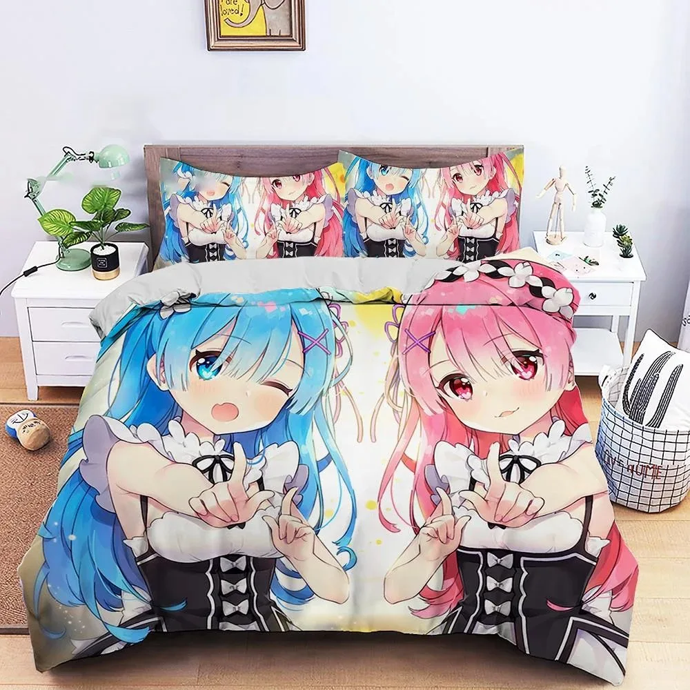 3D Printed Anime Re Zero Rem Ram Bedding Set Boys Girls Twin Queen Size Duvet Cover Pillowcase Bed Kids Adult Home Textileextile