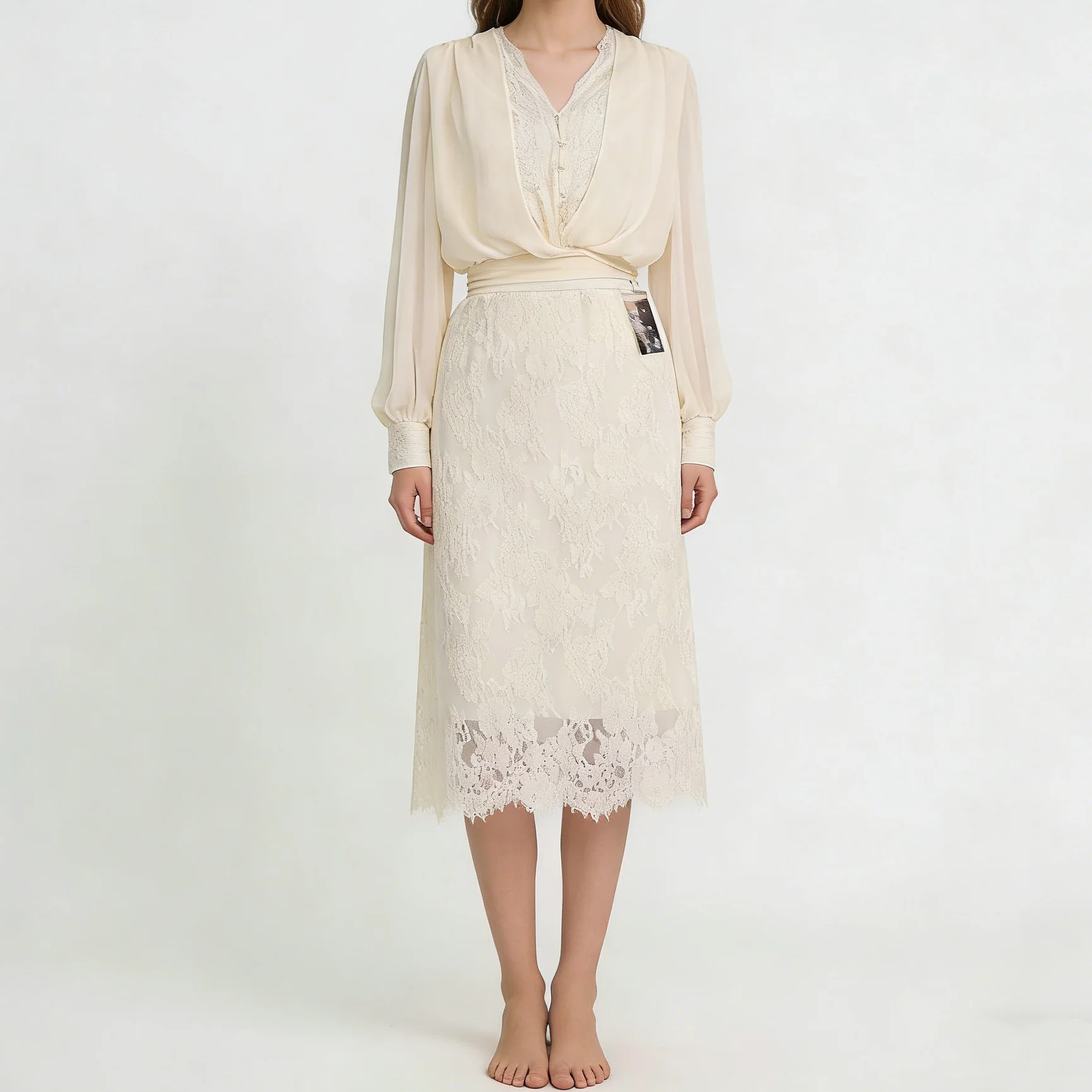 

CiCi Two Piece Set Sheer Chiffon Blouse Long Sleeve Lace Trim Midi Skirt Floral Embroidery Elegant Party 2026 Spring Summer