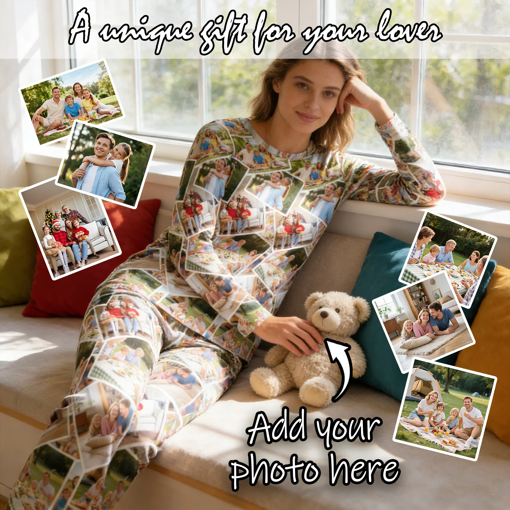 

Женские пижамы на заказ с принтом лица, домашняя одежда, женский пижамный комплект с длинным рукавом на заказ, персонализированный подарок для семьи, пары, питомца