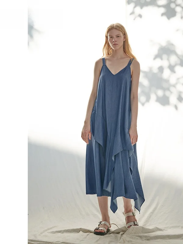 

Independent Asymmetric Denim Blue Strap Dr Casual Sle Fairy Skirt for Ladies Cotton 50% Polyester 57% Spandex 3%