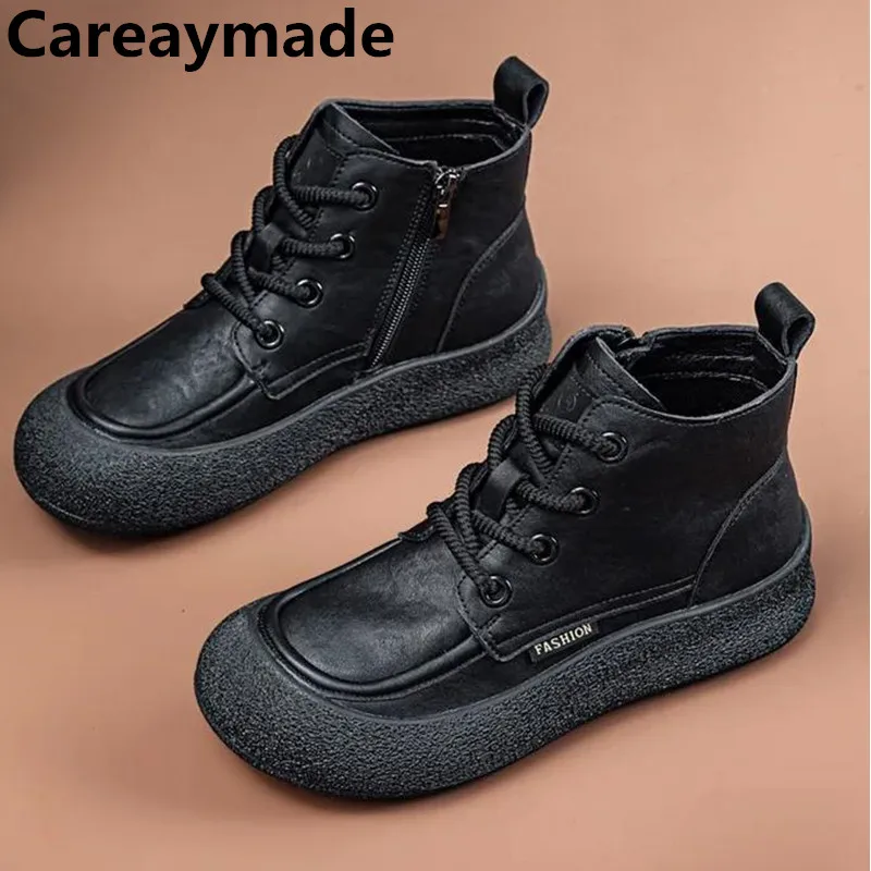 

Женские ботинки Careaymade из натуральной кожи, винтажные, на плоской подошве, модные, больших размеров, с круглым носком, на шнуровке, женские ботильоны