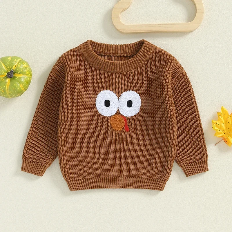 0-5 Years Toddler Girls Boys Sweater Thanksgiving Clothes Turkey Embroidery Crew Neck Long Sleeve Pullovers Fall Tops