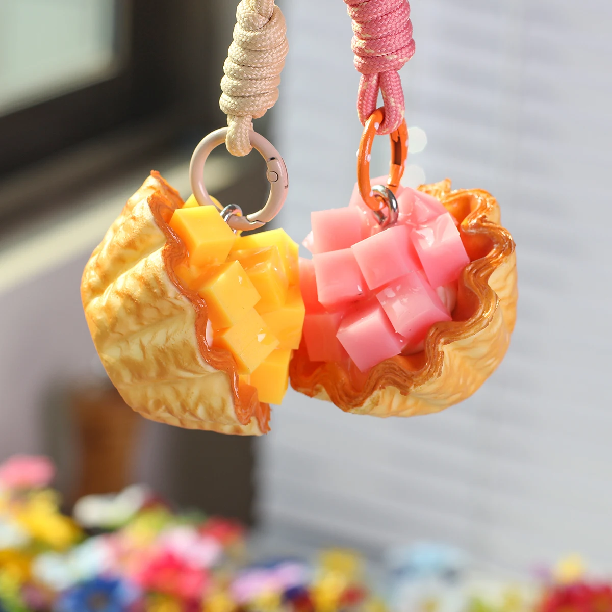 1pcs Artificial Flower-Shaped Egg Tart Decoration Ice Cream Pendant Bag Accessories Car Decoration Holiday Gifts Party Gifts