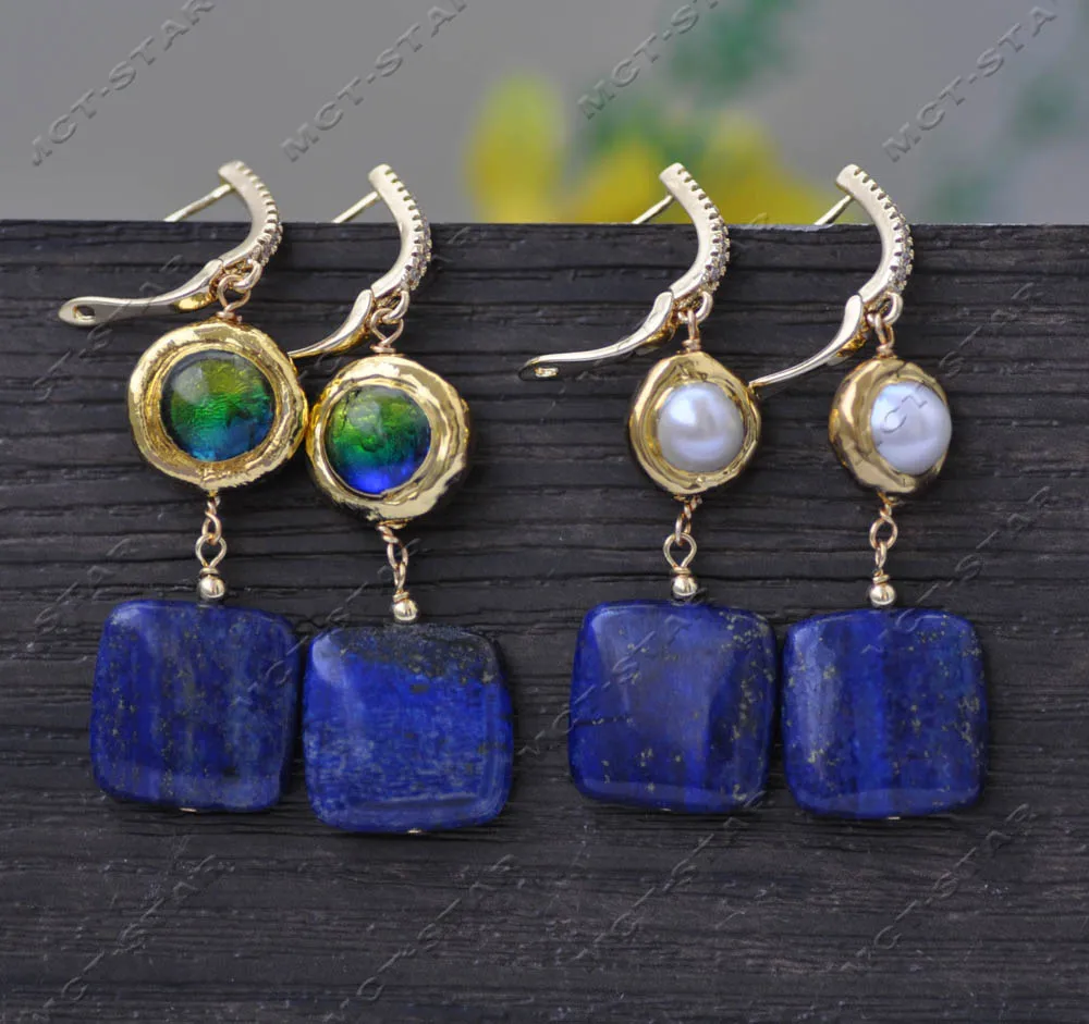 

MTC·STAR Z13272 18mm Blue Square Lapis Lazuli Gold Plating Bead Dangle Earring CZ Custom Jewelry