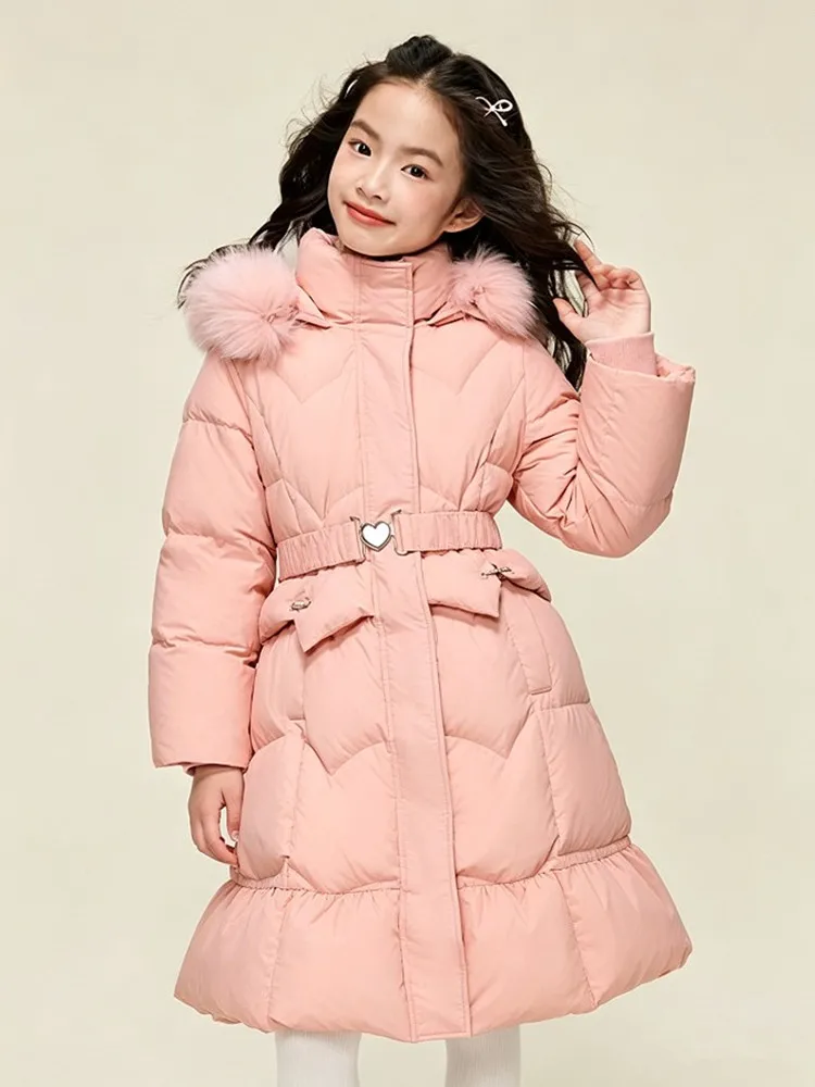 Langer Winter-Daunenmantel für Mädchen mit großer Kunstfellkapuze, Kinder-Taillengürtel, warme Pufferjacke für Mädchen, Schnee-Oberbekleidung A5107 – Detail 4