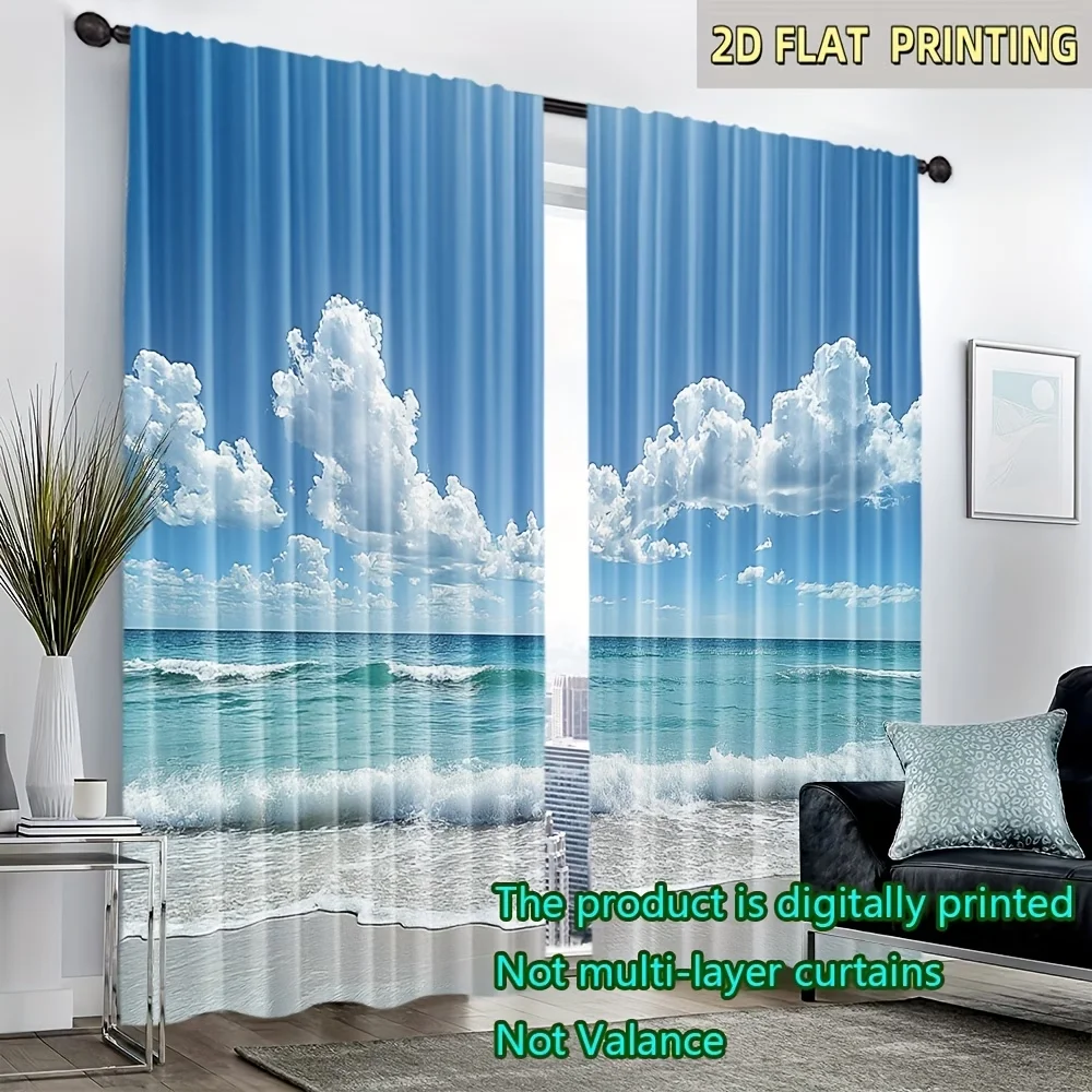 2pcs Ocean Beach Curtains Blue Sky Sea Wave Window Drapes Coastal Landscape Summer Decor Living Room Bedroom