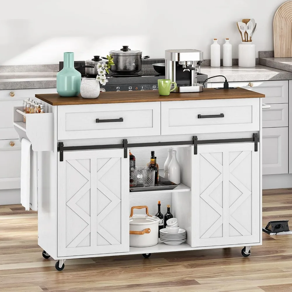 Kitchen Island with Storage, Power Outlet, Rolling Kitchen Island Cart on Wheels, Kitchen Cart with Drawers, Barn Doors