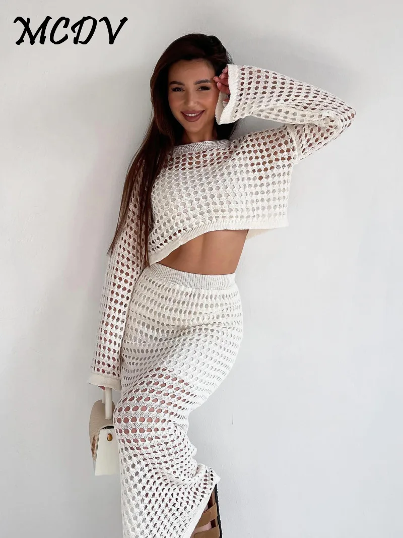 White Knitted Mesh Beach Skirt Sets Women Long Sleeve Hollow Out Holiday Outfits Sexy Sheer Two Piece Suit 2024 Summer Beachwear