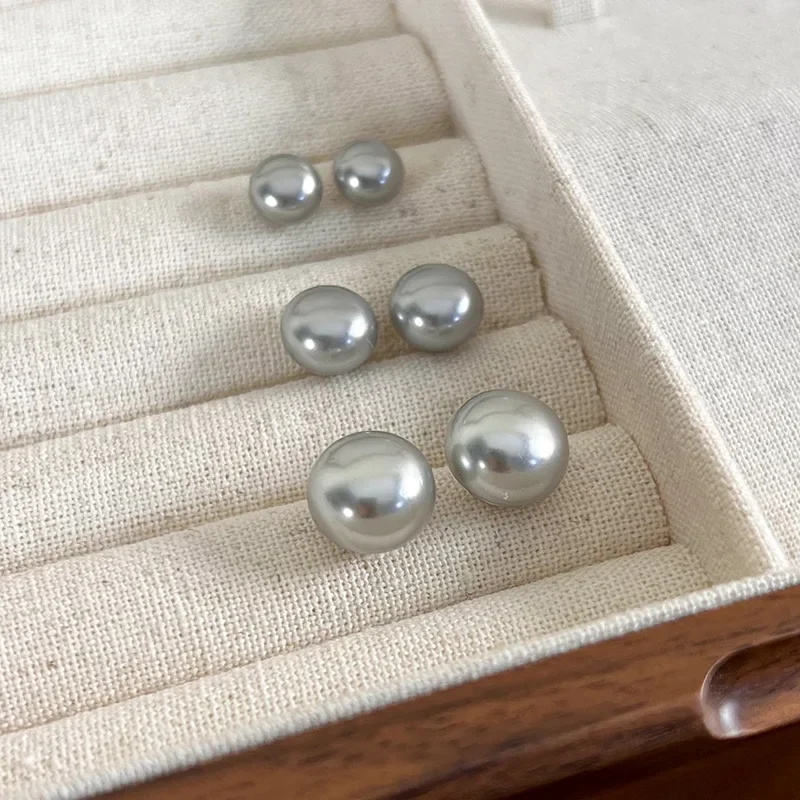 Elegant Round Pearl Stud Earrings Minimalist Style Gray Pearl Earrings for Women Small Flattened Round Ball Design