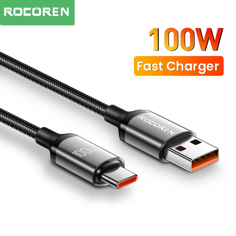 Rocoren USB Type C Cable 100W Fast Charging Charger Cable For Xiaomi Poco F4 F3 Realme Huawei 7A Supercharge USBC Data Wire Cord