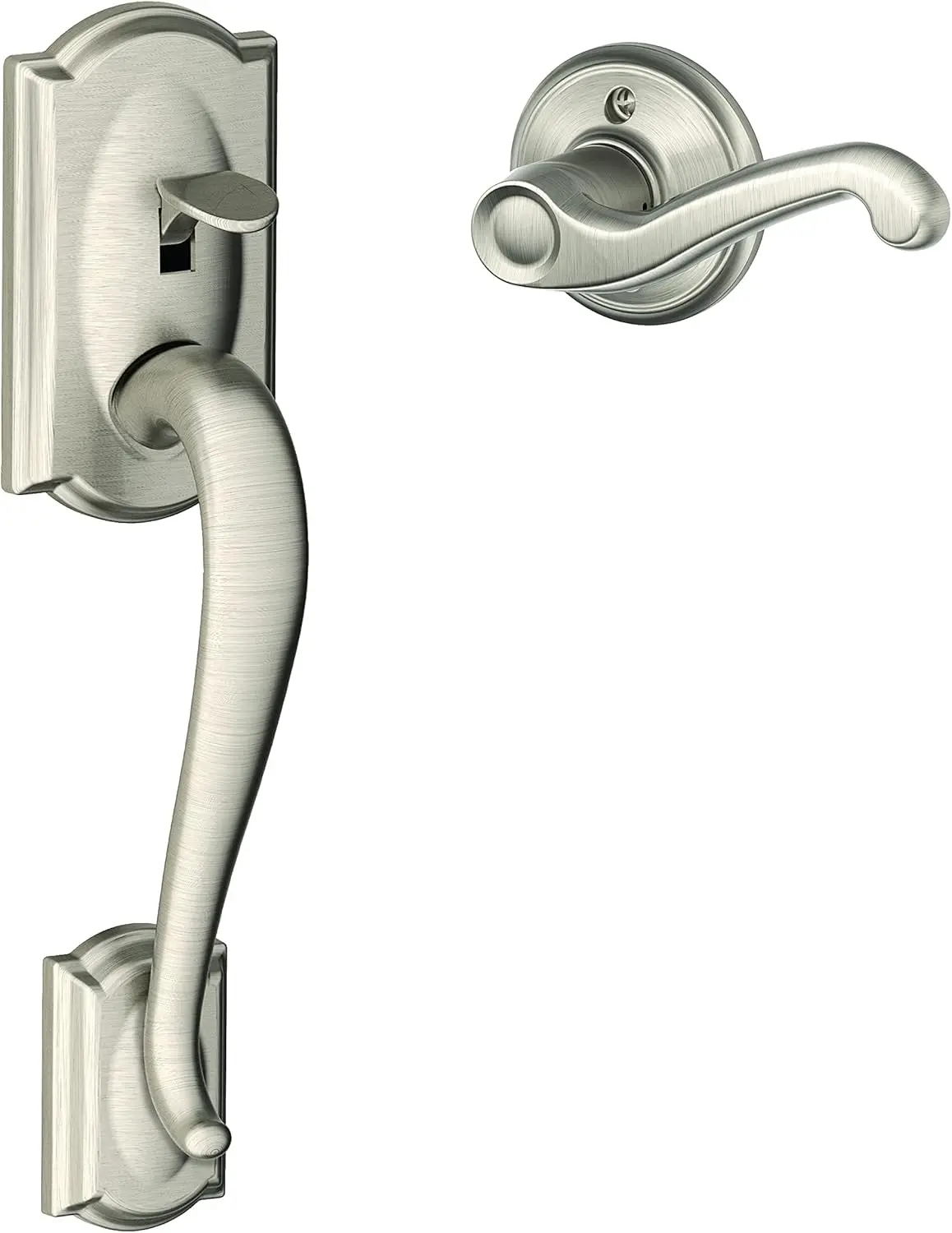 

FE285 CAM 619 FLA LH Camelot Front Entry Handleset with Left-Handed Flair Lever, Lower Half Grip, Satin Nickel