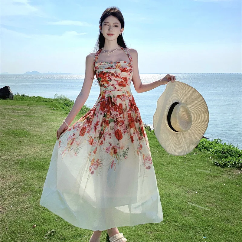 

Lightweight Tencel Linen Two-Way Wear Floral Dress for Women Summer New Dress