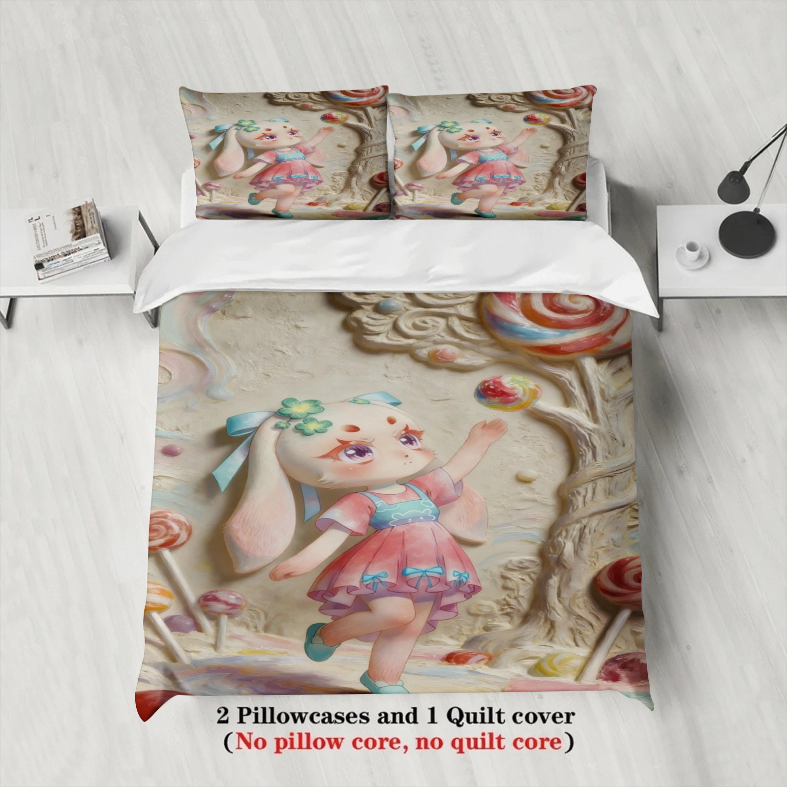 Softville Cozy Town 3PC Bedding Sets Lop Rabbit Chasing sweet candy bubbles Pint Duvet Cover No filling Cartoon Style Queen Size