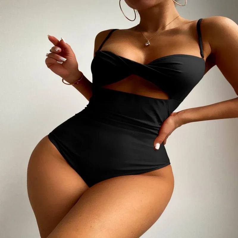 2024 Bikini Women's One-piece High Waist Swimsuit Sexy Sling Backless Bikini Solid Hollow Back Buckle SwimsuitsThong Bikini