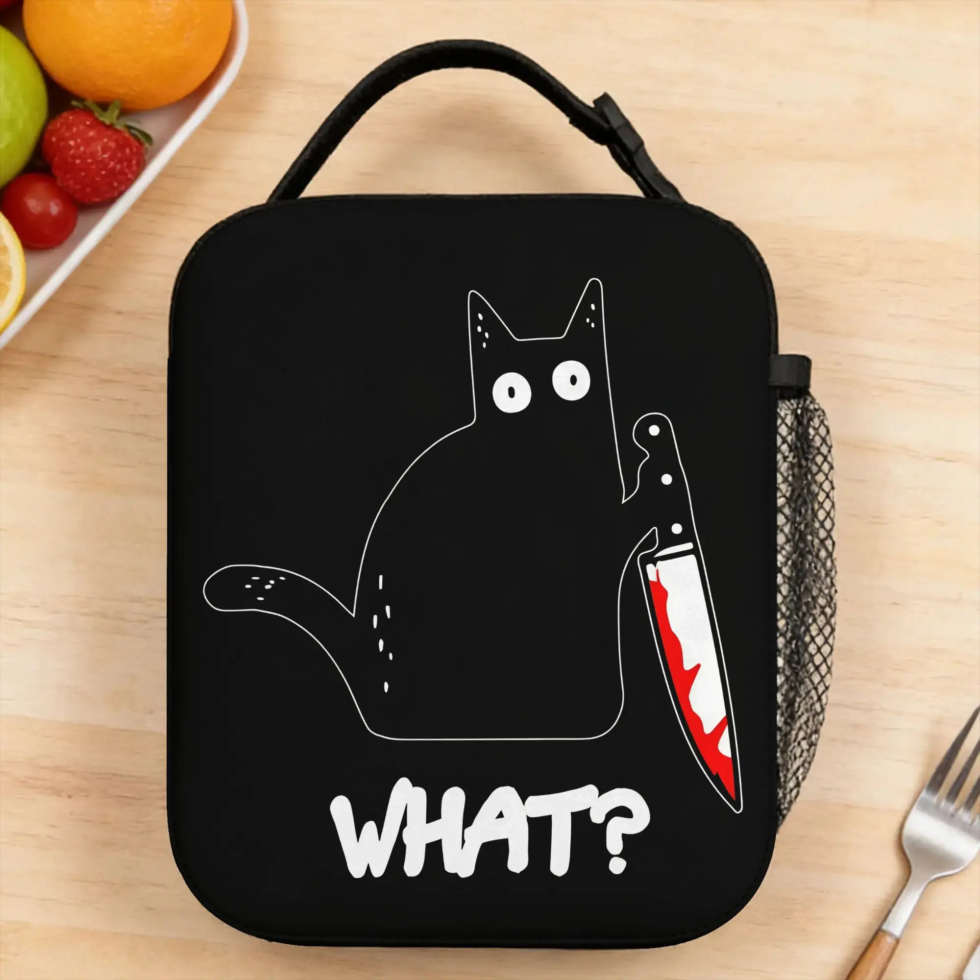

Funny Black Cat WHAT Lunch Bag Cute Picnic Lunch Box Print Portable Insulated Tote Food Bags