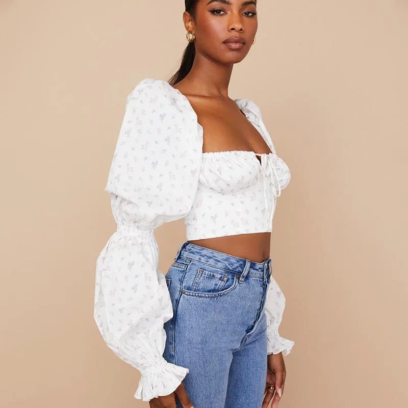 2022 summer women\'s clothing design sense niche floral shoulder pad mesh top pastoral style puff sleeve temperament top