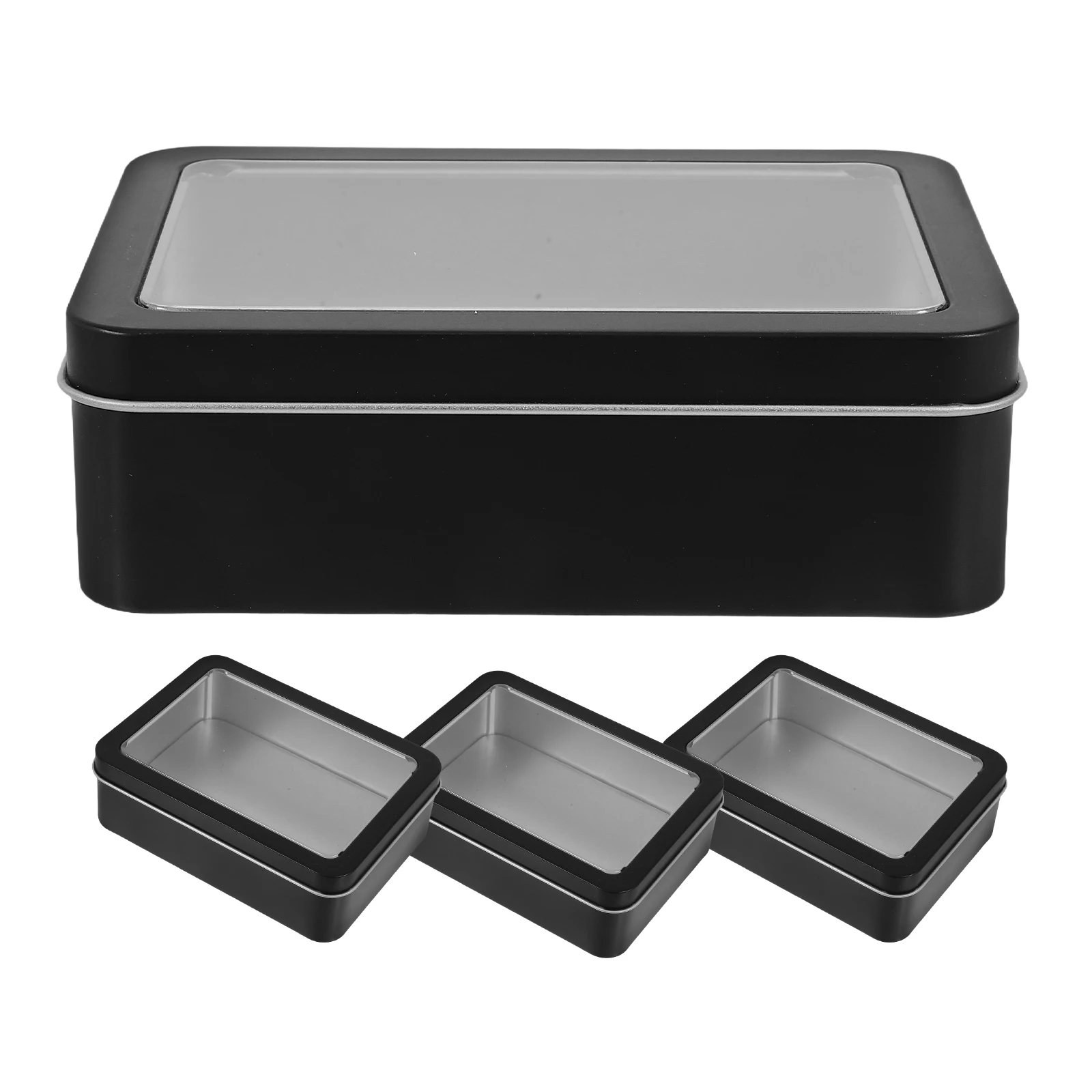

4pcs Box Rectangular Metal Small Boxes Transparent Tin Cans With Clear Window Lid Storage Container Snack Household Items