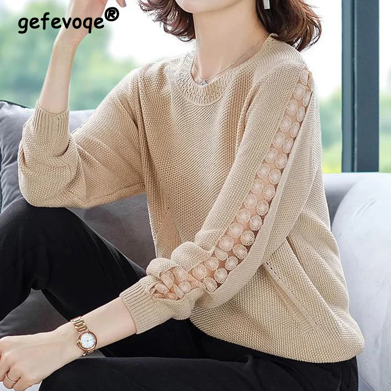 Elegant Fashion Solid Patchwork Hollow Out Knitted T-shirt Autumn 2023 New Long Sleeve O-Neck Loose Pullover Tops Women Clothing