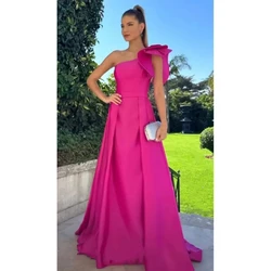 Elegant Hot Pink Satin One Shoulder A-line Prom Dress 2024 Fuchsia Satin Vestidos De Fiesta Sexy Sleeveless Maxi Party Dress