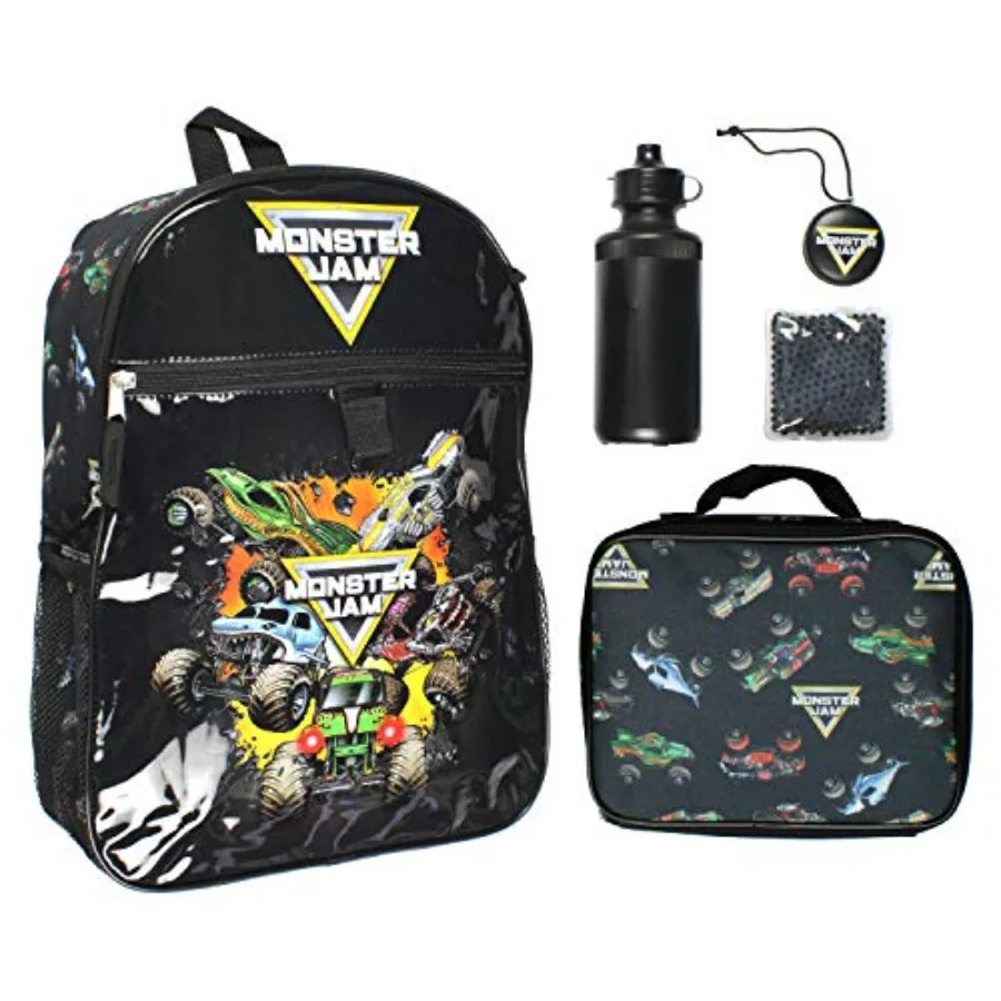 

Monster Jam Megalodon Grave Digger Max-D Monster Trucks Backpack Lunch Bag Water Bottle Ice Pack 5 Piece Mega Set 16"