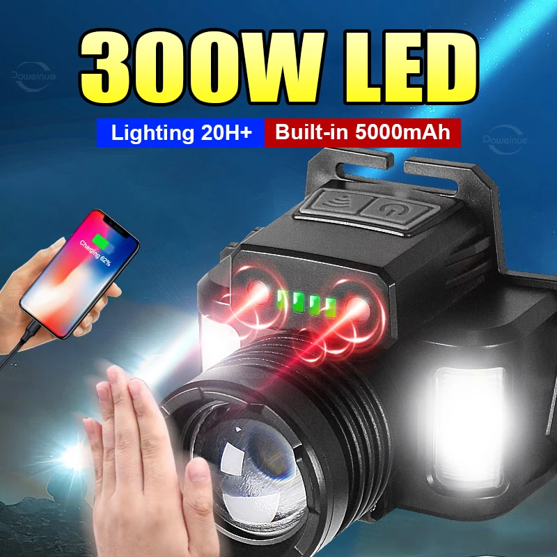 9000LM Ultra Powerful LED Headlamp Rechargeable Headlight Flashlights Built 5000mAh Battery Outdoor Fishing Camping Head Lantern