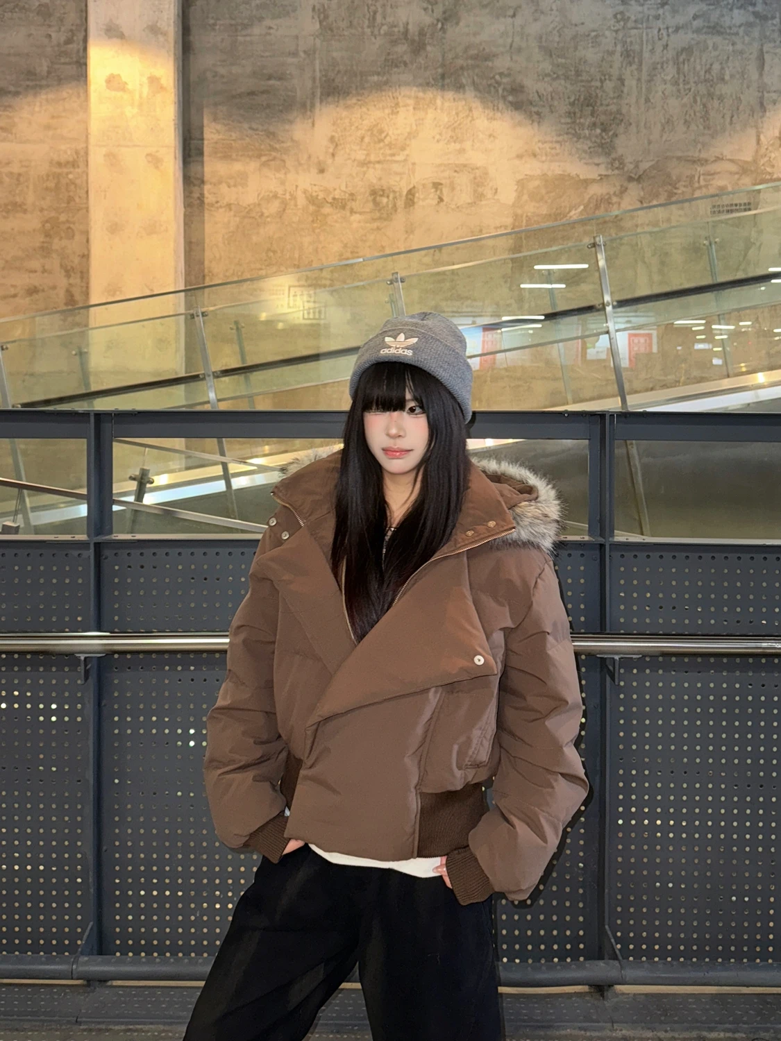 

Retro Quilted Jaet with Fur Collar Hooded ex Winter Coat Thi Bread Sle Warm Polyester Fiber White Du down Filling