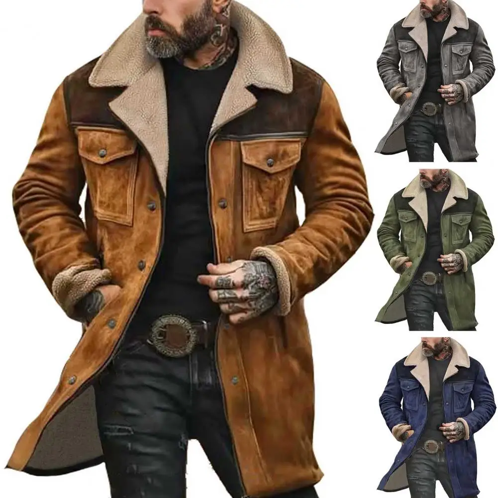 2024 Fashion Men Jacket Large Plush Lapel Long Sleeve Vintage Suede Jacket with Pockets Zipper Up Mid-length Motorcycle Coat