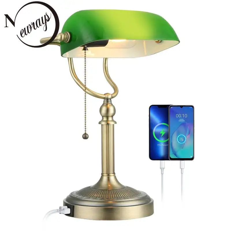 green glass bankers desk lamp com pull chain switch plug in fixtureusb fast charging port quarto cabeceira 01