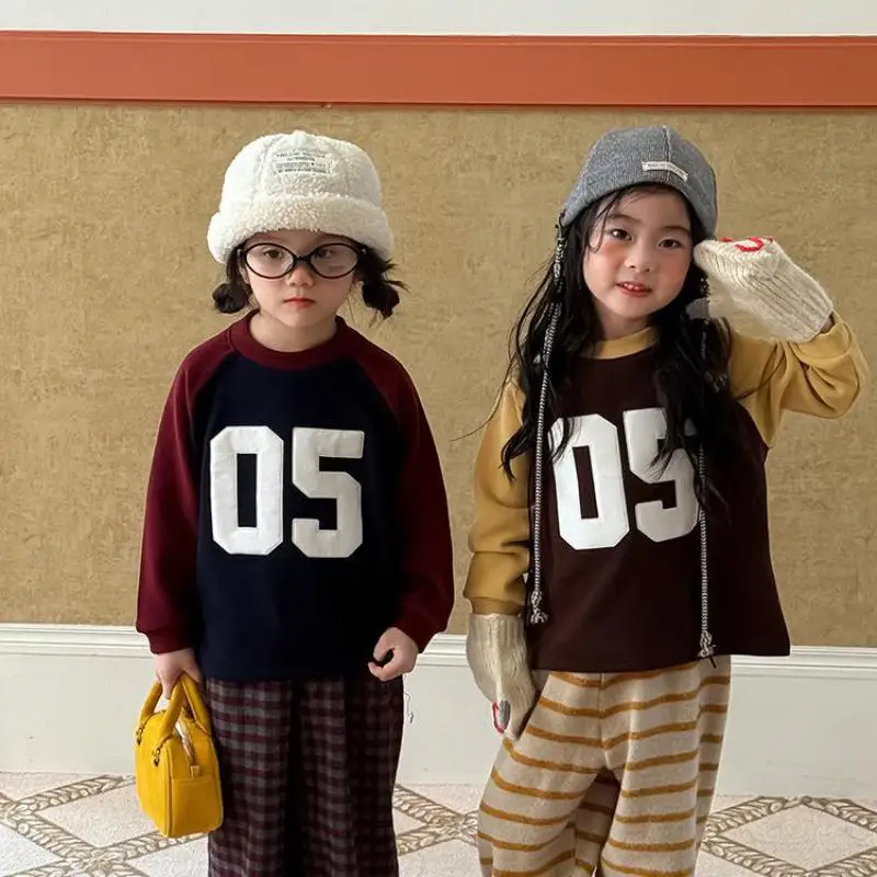 

2025 Winter New Children Long Sleeve Warm T Shirts Boys Girls Digit Embroidery Casual Sweatshirt Kids Thick Bottoming Shirts