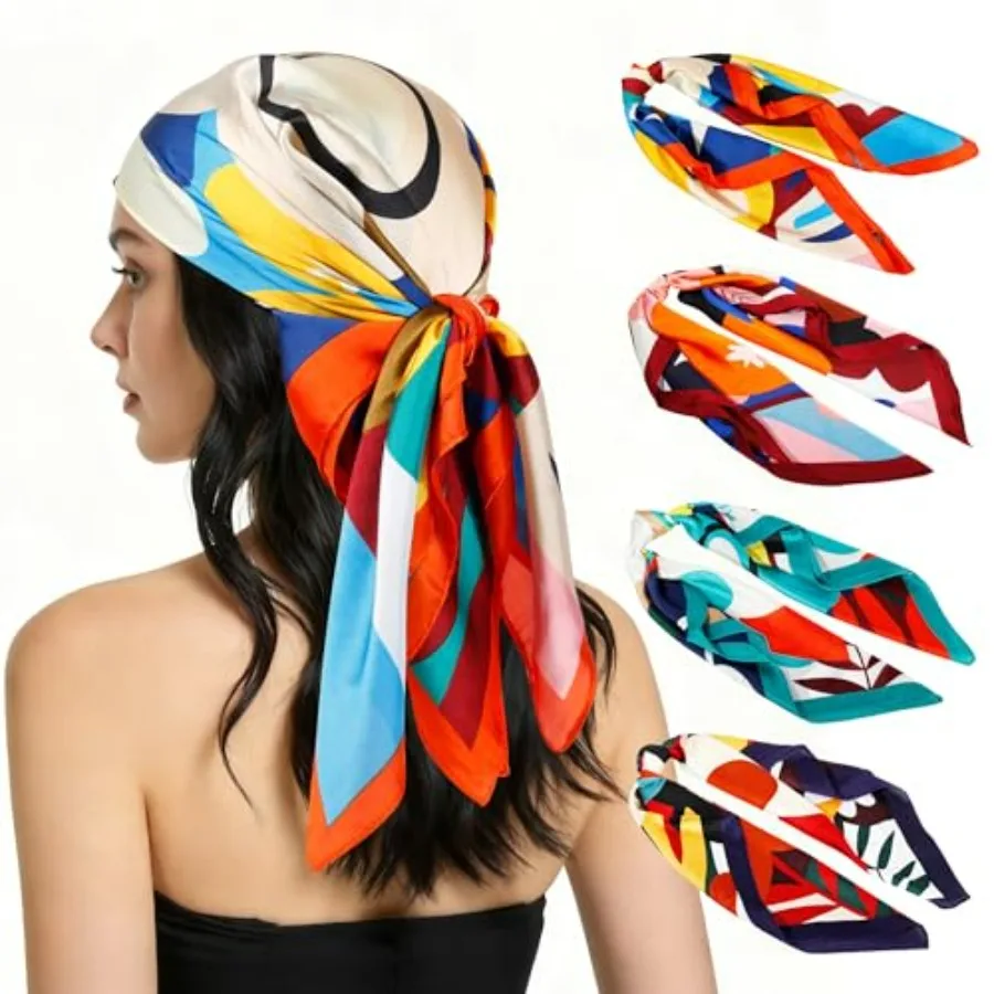 

4Pcs Head Scarf for Women Like Silk Scarf Hair Bandana Square Scarf Fashion Accessories lightweight 26"