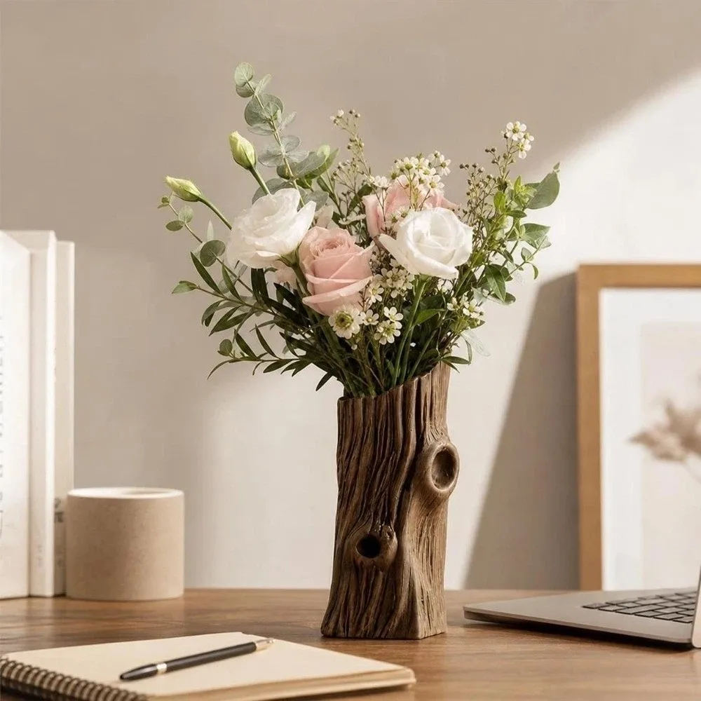 Tree Hole Shape Flower Vase Desktop Decor Rustic Style Succulent Pot 3D Printed Artificial Driftwood Plant Pot