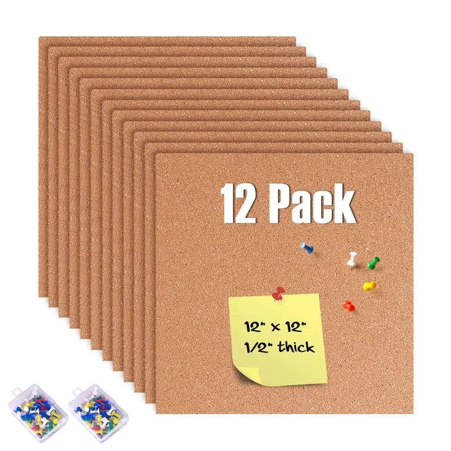 

Pack Cork Bulletin Board 12 x 12 Inch 1 2 Thick Cork Board Tiles,SelfAdhesive Frameless Cork Tiles Wall Decor with 100 PCS Pushp