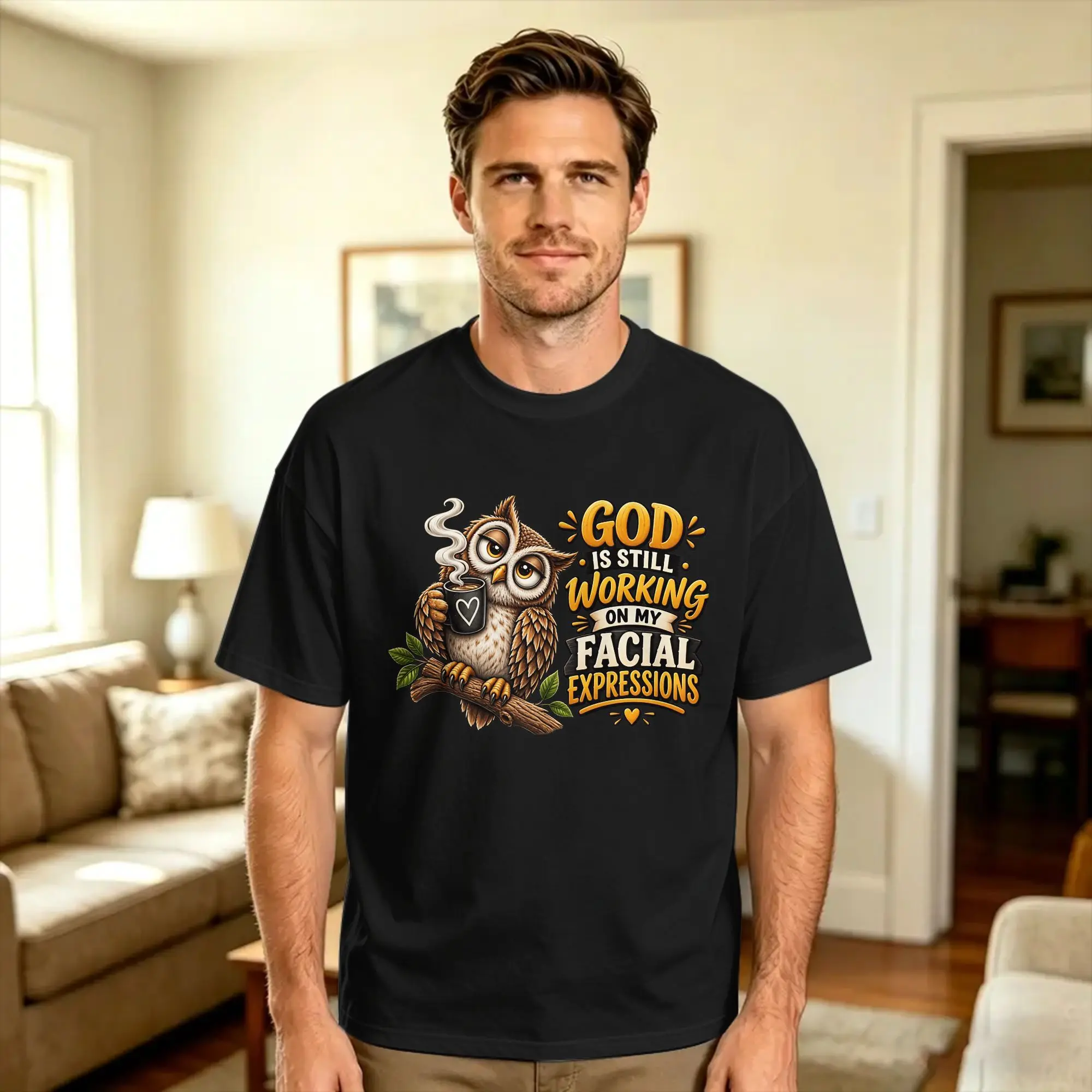 Harajuku T Shirt Summer God Is Still Working On My Facial Expressions Funny Owl Christian Faith Humor Hipster T-Shirts Cotton