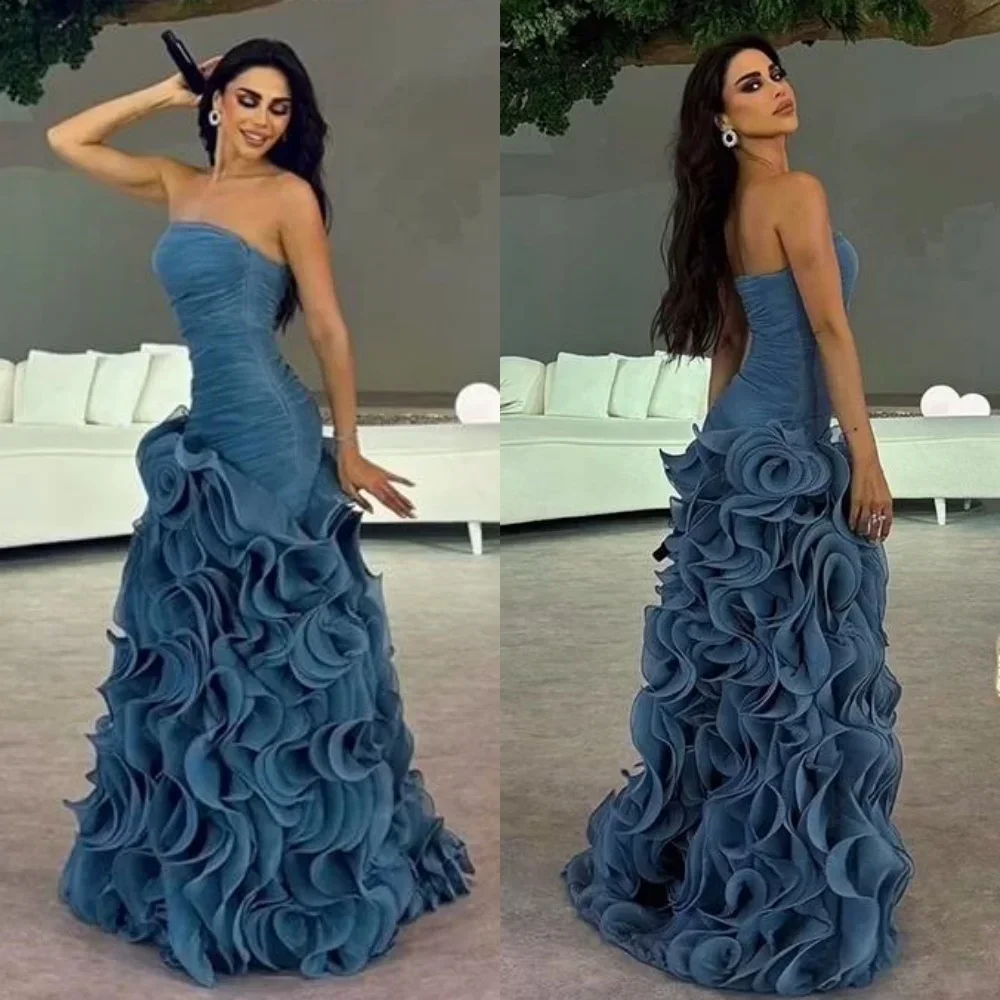 Customized Sexy Strapless Backless Homecoming Dresses A-line Pleat Ruched Evening Dresses Floor-Length Dresses Wedding Party